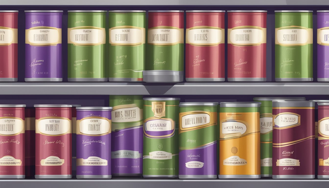 A pantry shelf with a row of canned grape paste, expiration date visible