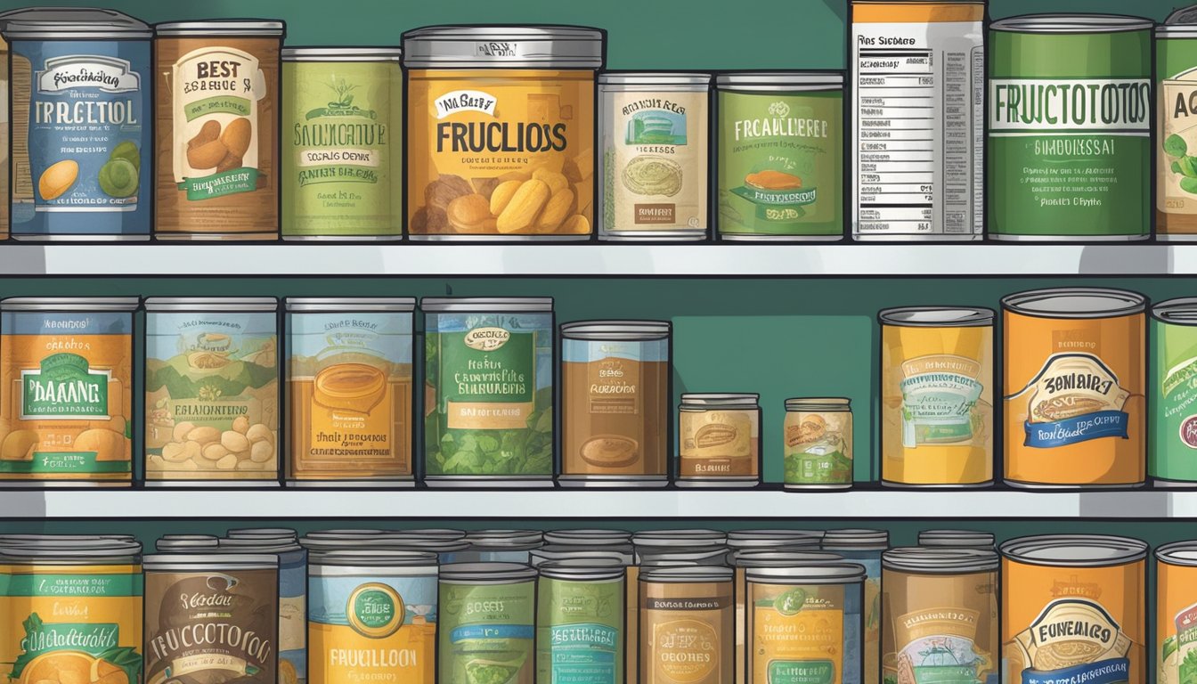 A pantry shelf with various canned goods, including a labeled can of fructooligosaccharides (FOS), with a "best by" date clearly visible