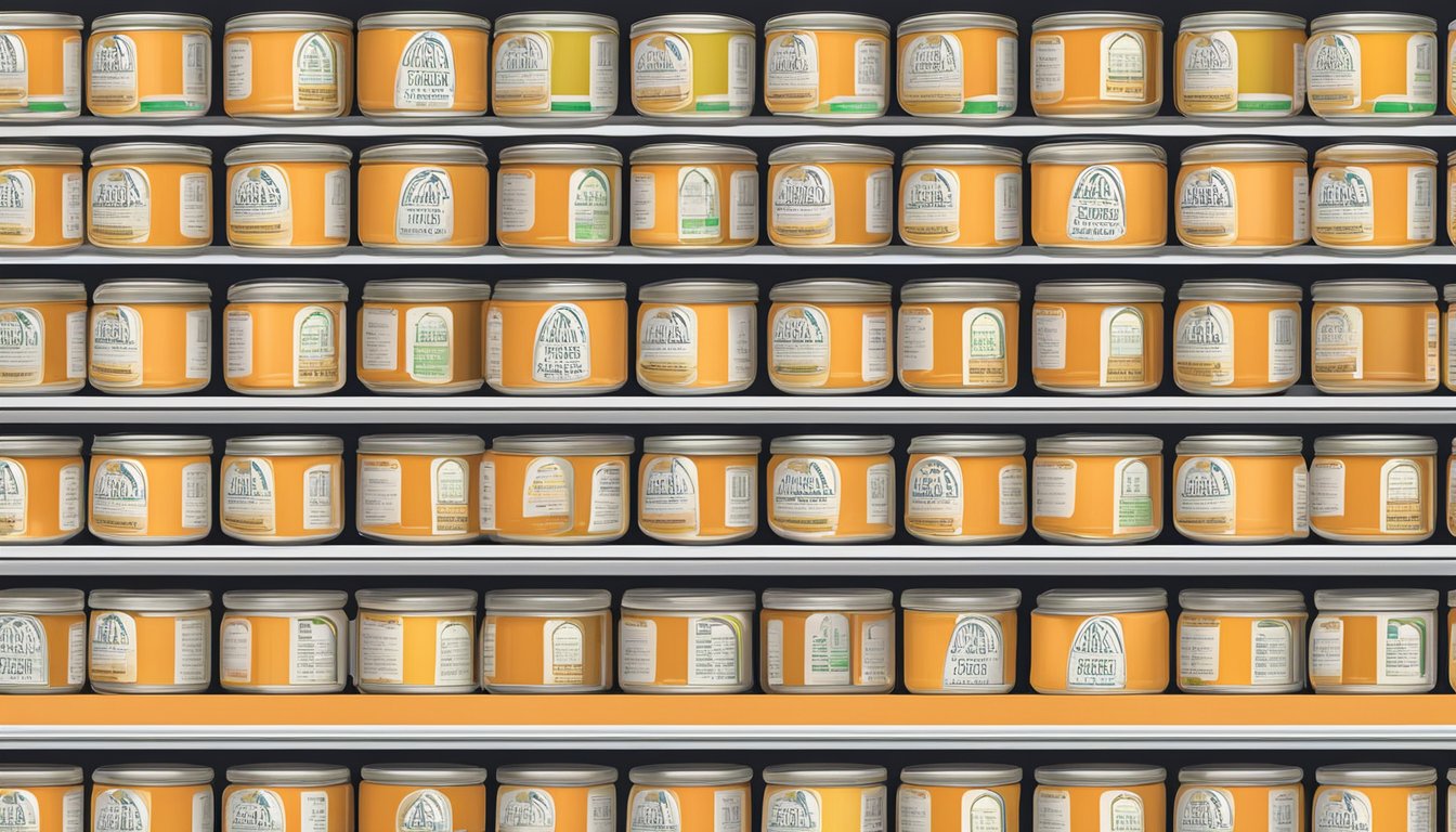 A shelf of canned grapefruit curd with expiration date label