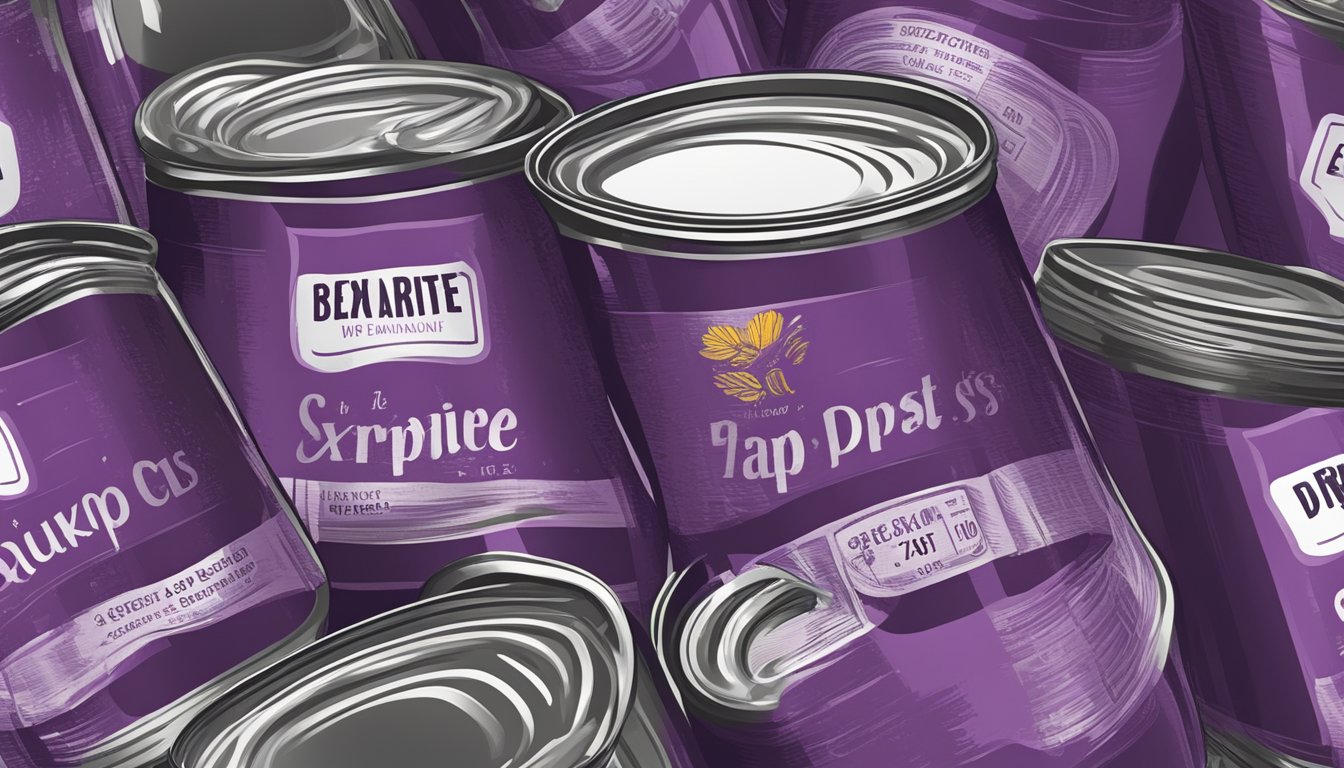 A shelf of canned grape paste with expiration date label