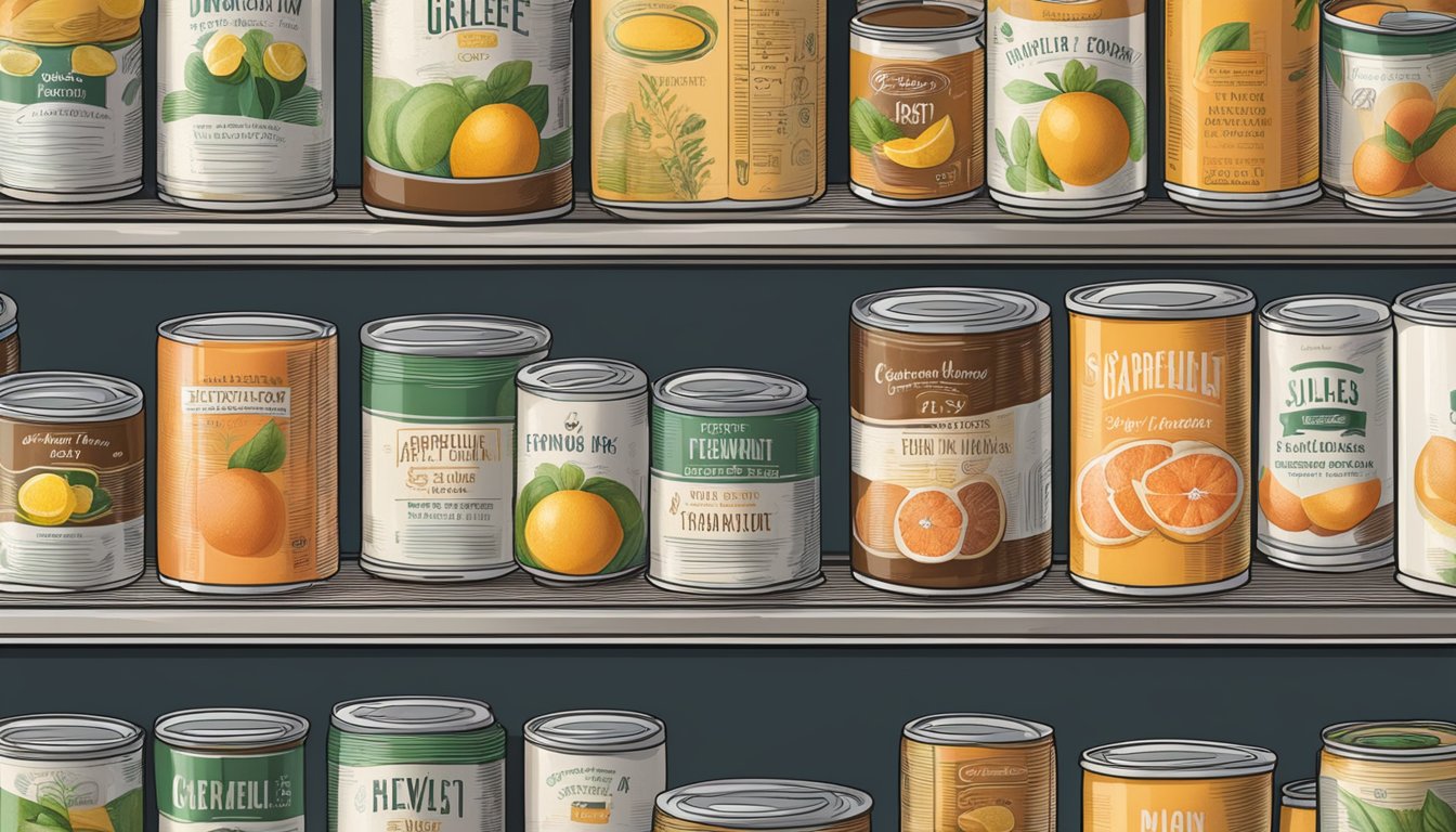 A pantry shelf with various canned foods, including grapefruit curd, with expiration dates visible