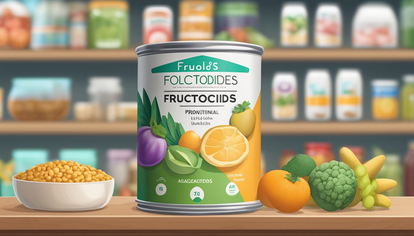 A can of FOS sits on a shelf, surrounded by various food items. The label prominently displays the words "Fructooligosaccharides (FOS)" and lists the nutritional benefits