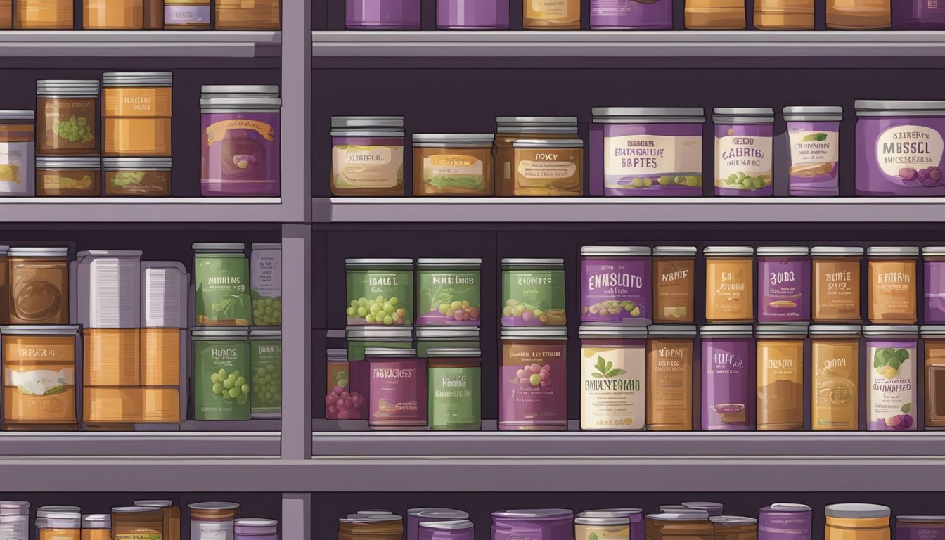 A pantry shelf with neatly organized canned grape paste, expiration dates clearly visible