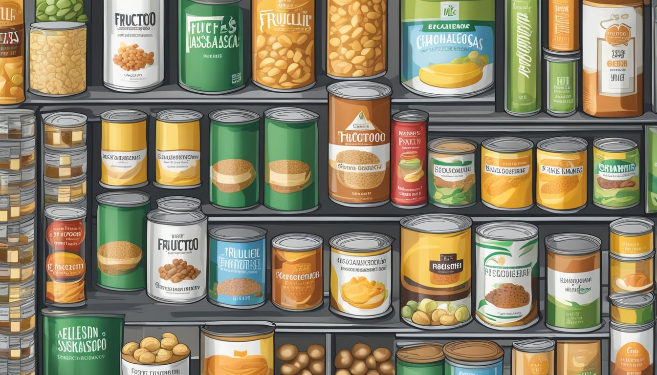 A pantry shelf with various canned foods, including a labeled can of fructooligosaccharides (FOS)