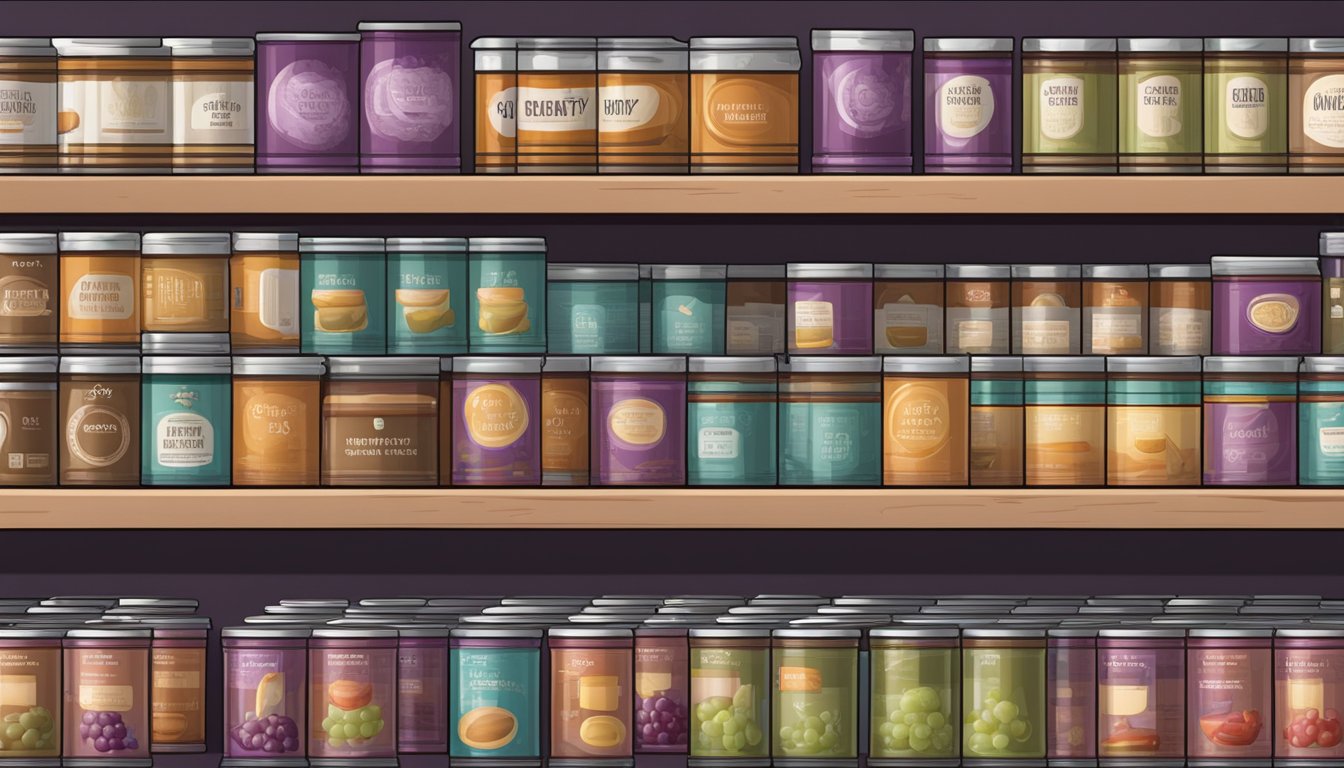 A pantry shelf with neatly organized rows of canned grape paste, alongside emergency supplies and storage containers