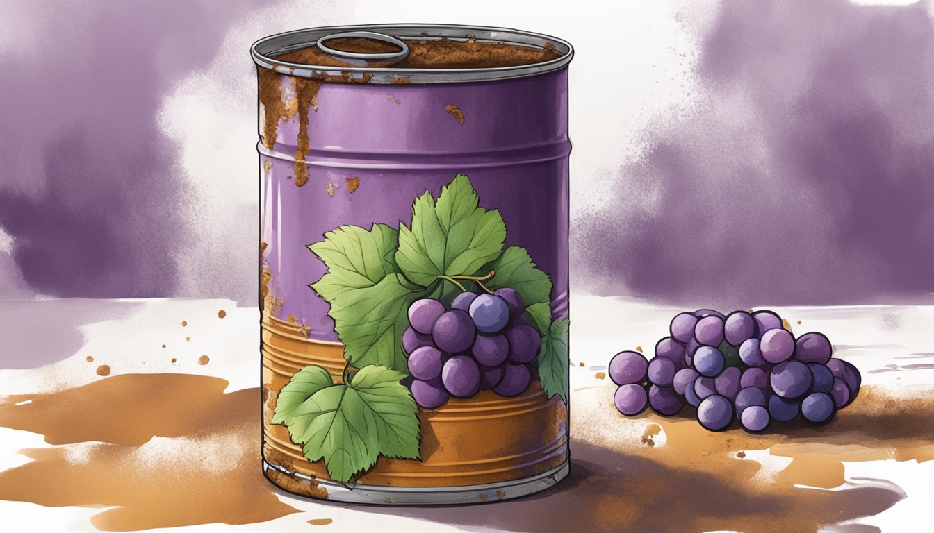 An open can of grape paste surrounded by mold and rusted edges