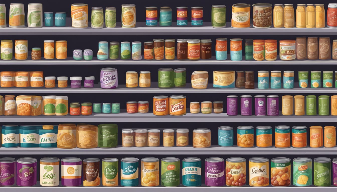 A shelf filled with various canned foods, including grape paste, with expiration dates clearly visible