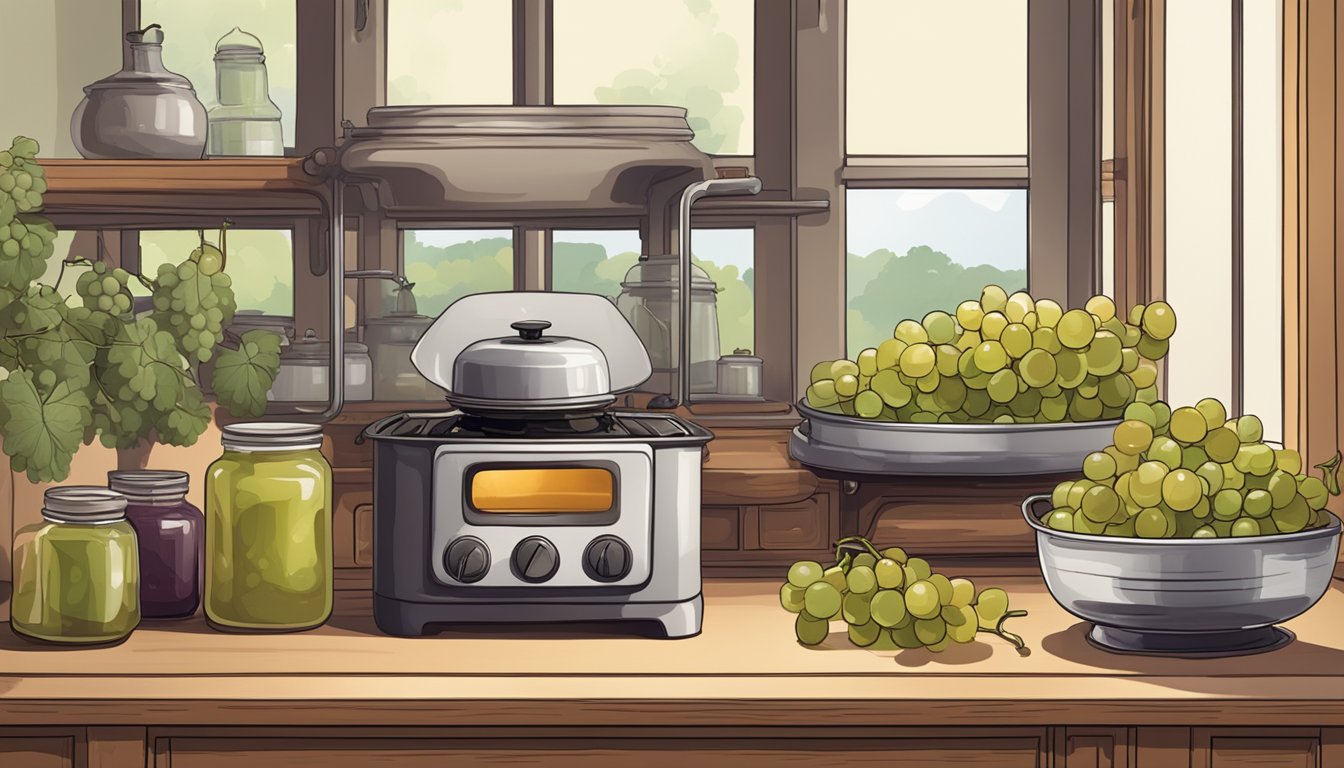 A kitchen counter with fresh grapes, a pot, and glass jars. A stove is simmering grape pulp. A sealed jar sits on a shelf