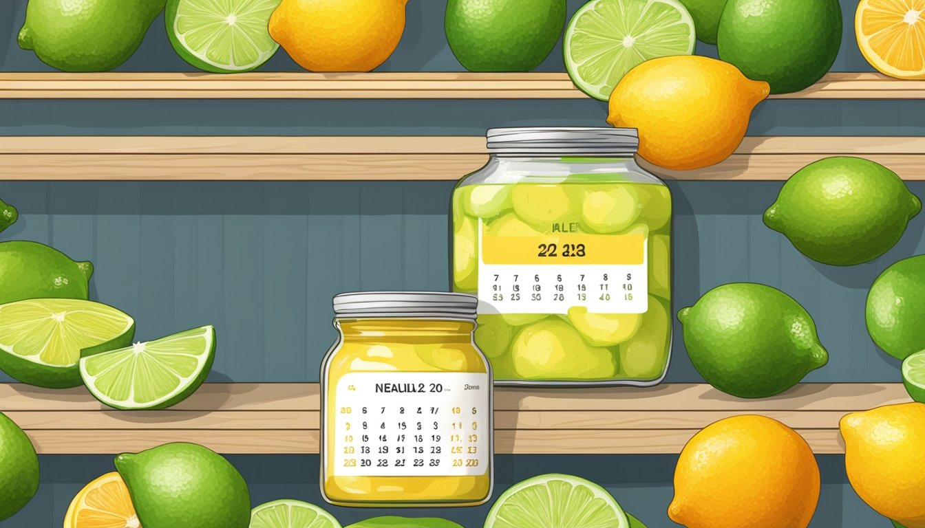 A jar of lime curd sits on a shelf, surrounded by citrus fruits and a calendar showing the current date