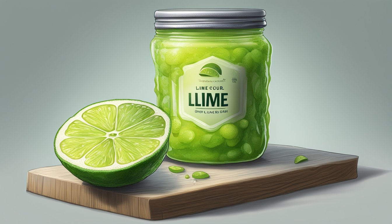 A jar of lime curd sits on a shelf, covered in mold and emitting a foul odor. The lid is bulging, indicating spoilage