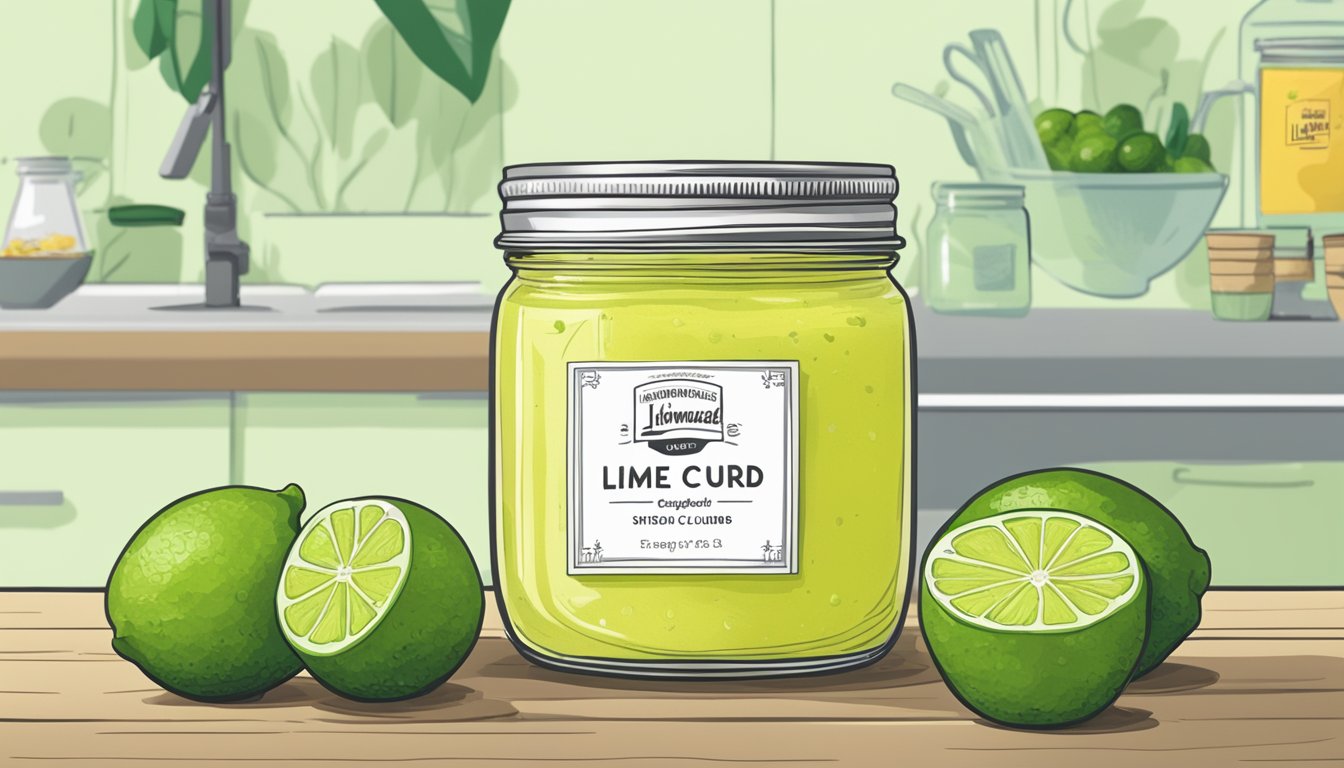 A jar of homemade lime curd sits next to a store-bought counterpart. The homemade version is surrounded by fresh limes, while the store-bought one has a label indicating its expiration date