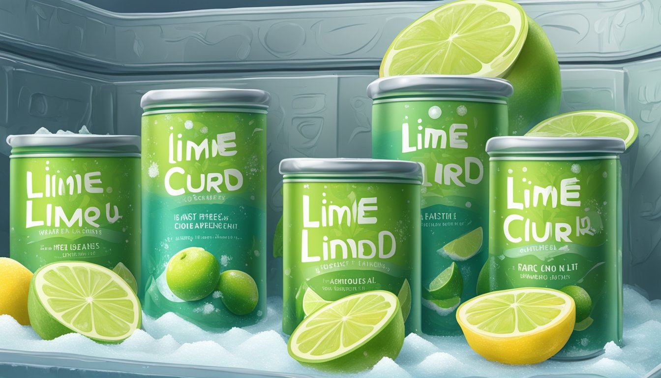 A sealed can of lime curd sits in a freezer next to other frozen goods, surrounded by frost