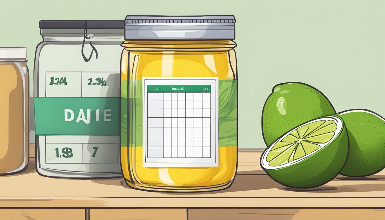 A jar of lime curd sits on a shelf, surrounded by a carton of eggs and a calendar with an expiration date circled