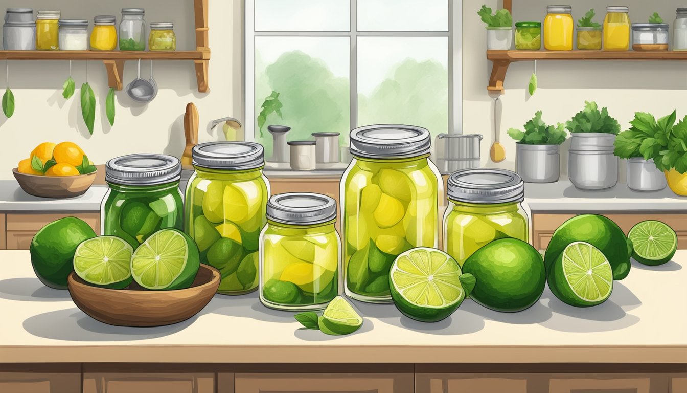 A kitchen counter with jars of freshly canned lime curd, surrounded by the ingredients used in the process