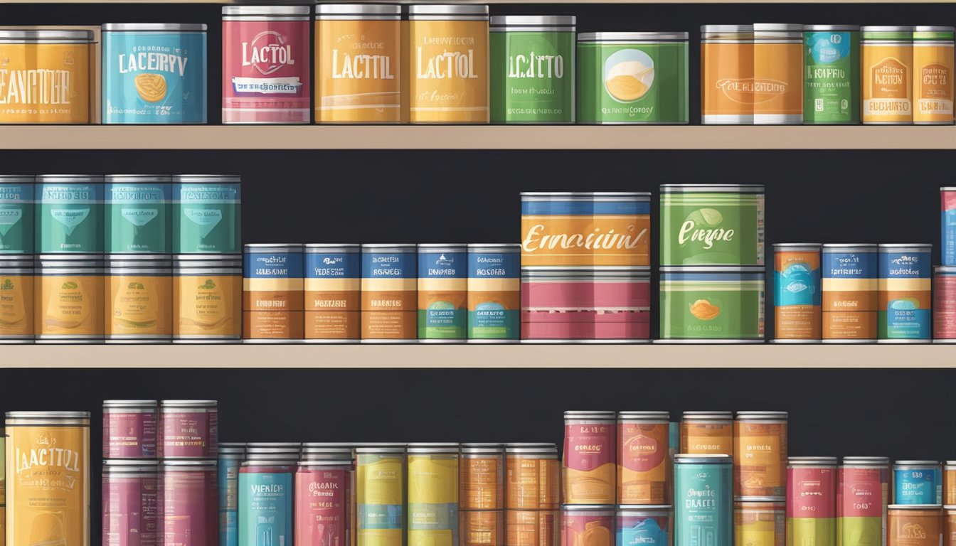 A pantry shelf with rows of canned lactitol, some with expiration dates visible