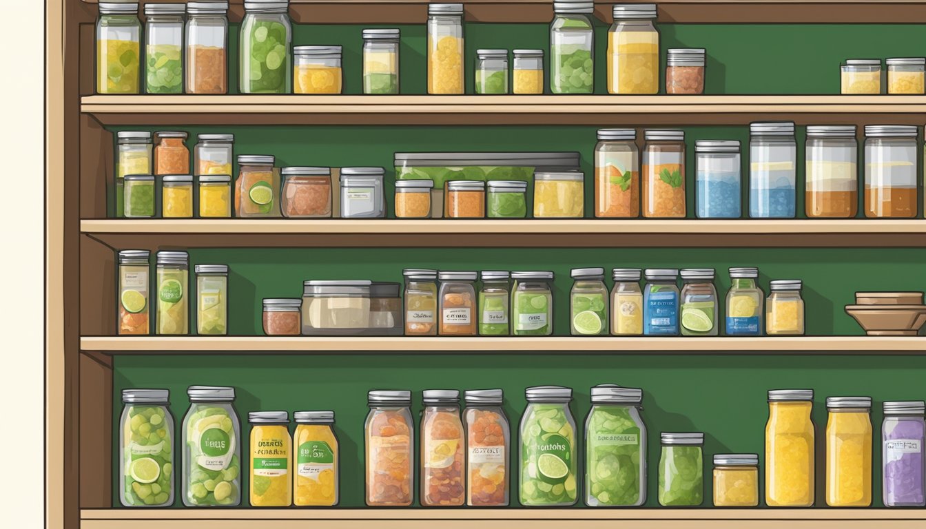 A pantry shelf with neatly organized canned goods, including a jar of lime curd, with a label indicating the expiration date