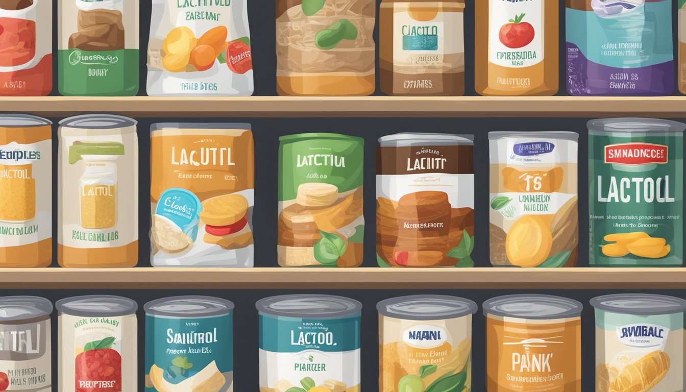 A pantry shelf with various canned goods, including lactitol, with expiration dates clearly visible