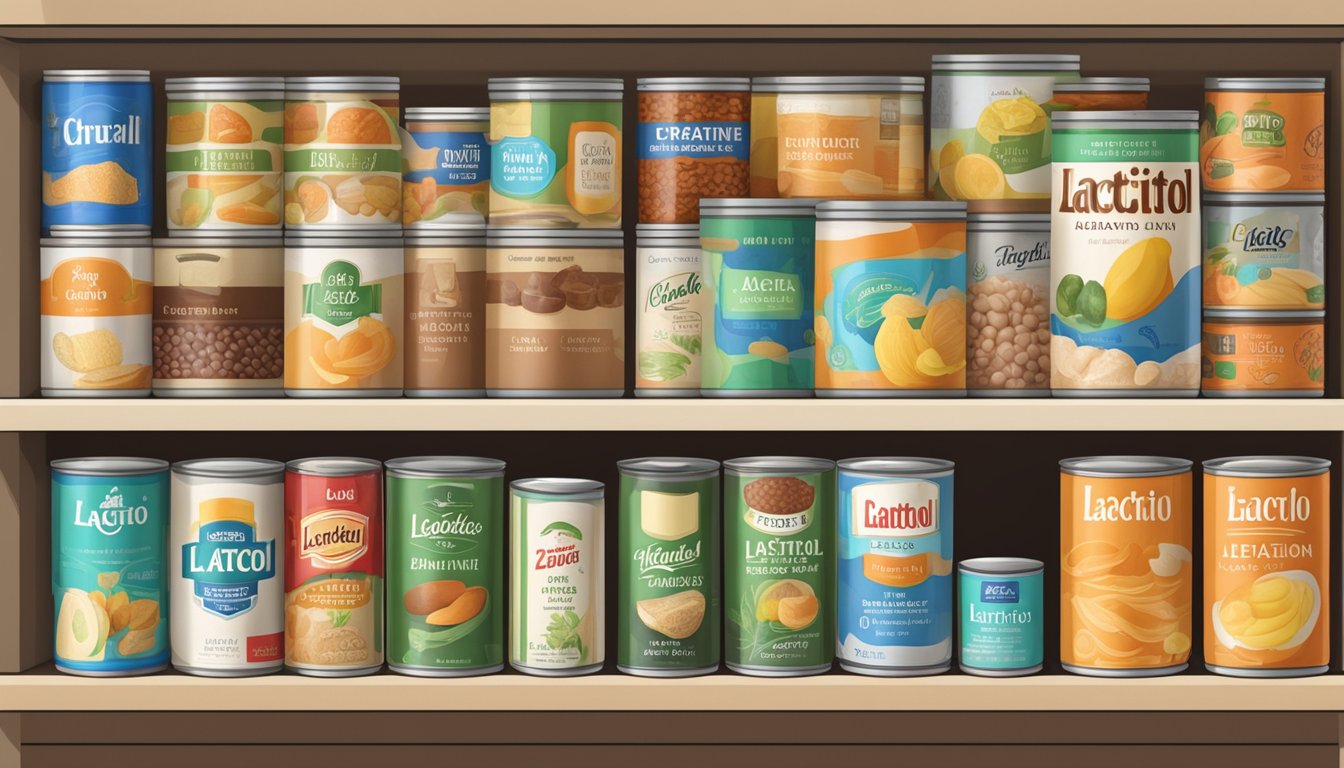 A pantry shelf with various canned goods, including a labeled can of lactitol, with a suggested expiration date clearly visible