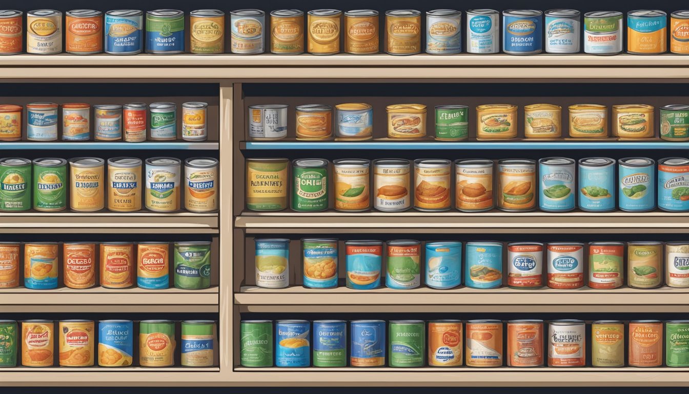 A pantry shelf with a row of canned lactitol, some showing signs of bulging or rust, others still sealed and intact