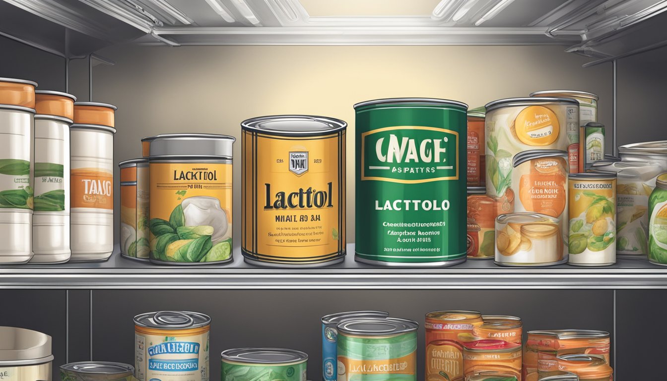 A pantry shelf with various canned goods, including a can of lactitol, with expiration dates clearly visible