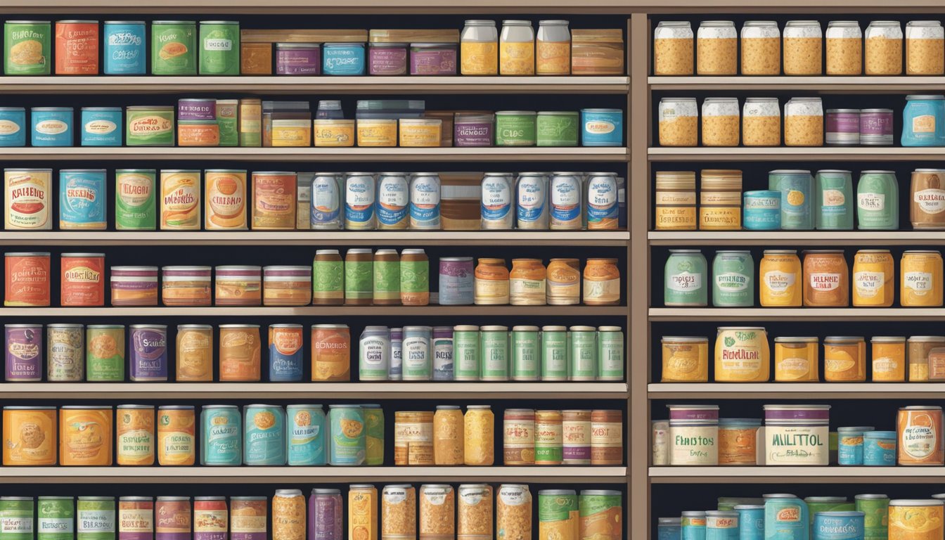 A pantry shelf with rows of canned maltitol, some with expiration dates, others with labels indicating preservation duration