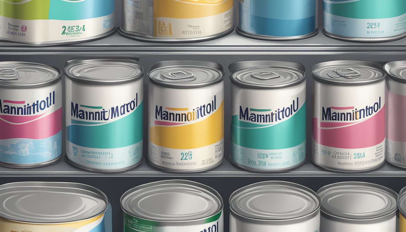 A row of canned mannitol on a shelf, with expiration dates clearly visible