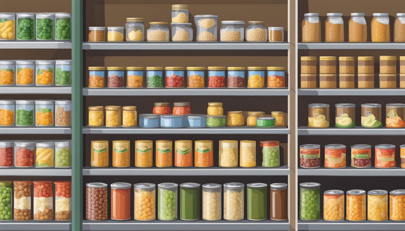 A pantry shelf with various canned foods, including lactitol, arranged in a row