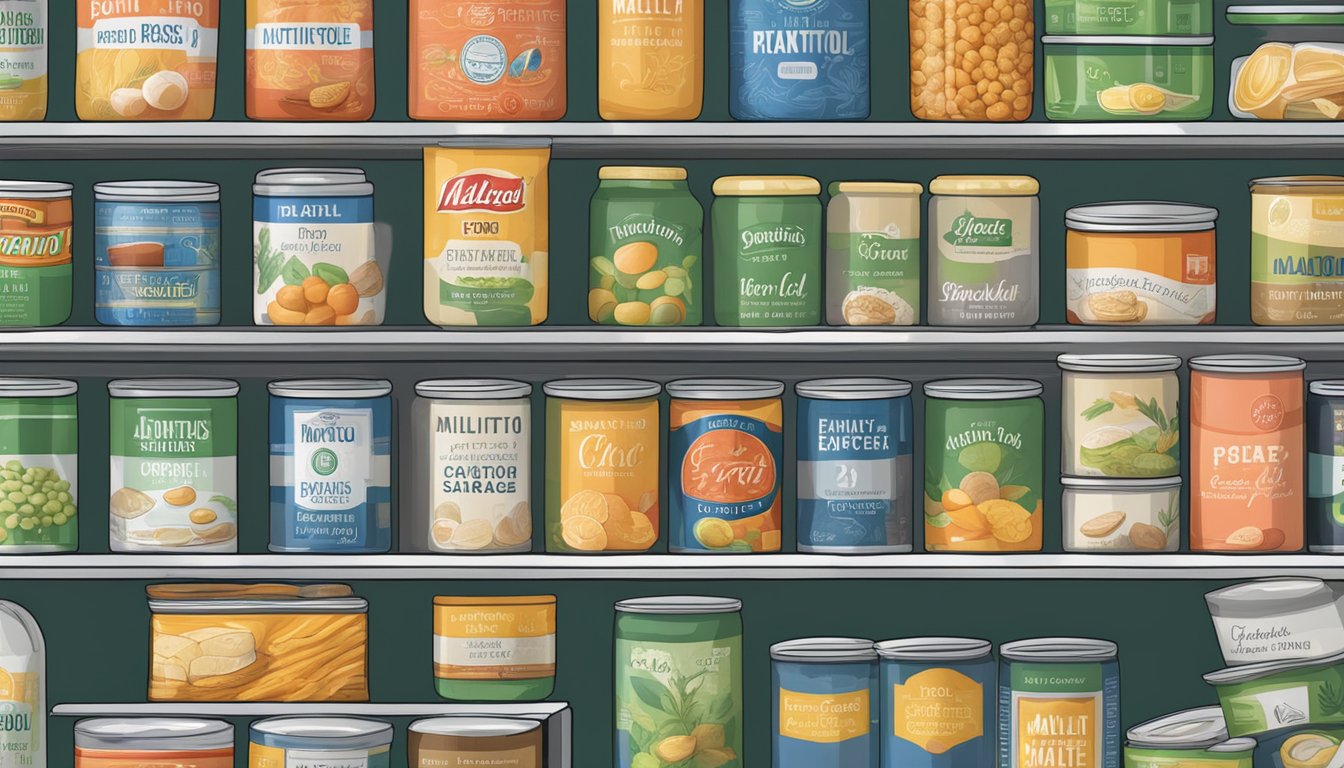 A pantry shelf with various canned goods, including maltitol, showing expiration dates and storage conditions