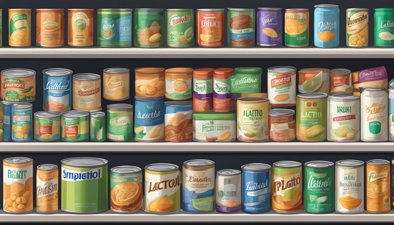 A pantry shelf filled with various canned goods, including a can of lactitol, with expiration dates clearly visible