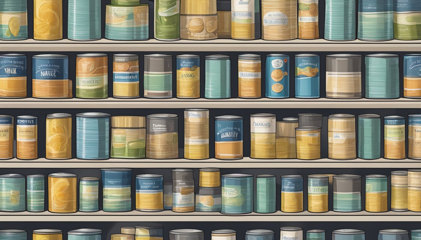 A pantry shelf with rows of canned mannitol, some slightly dusty