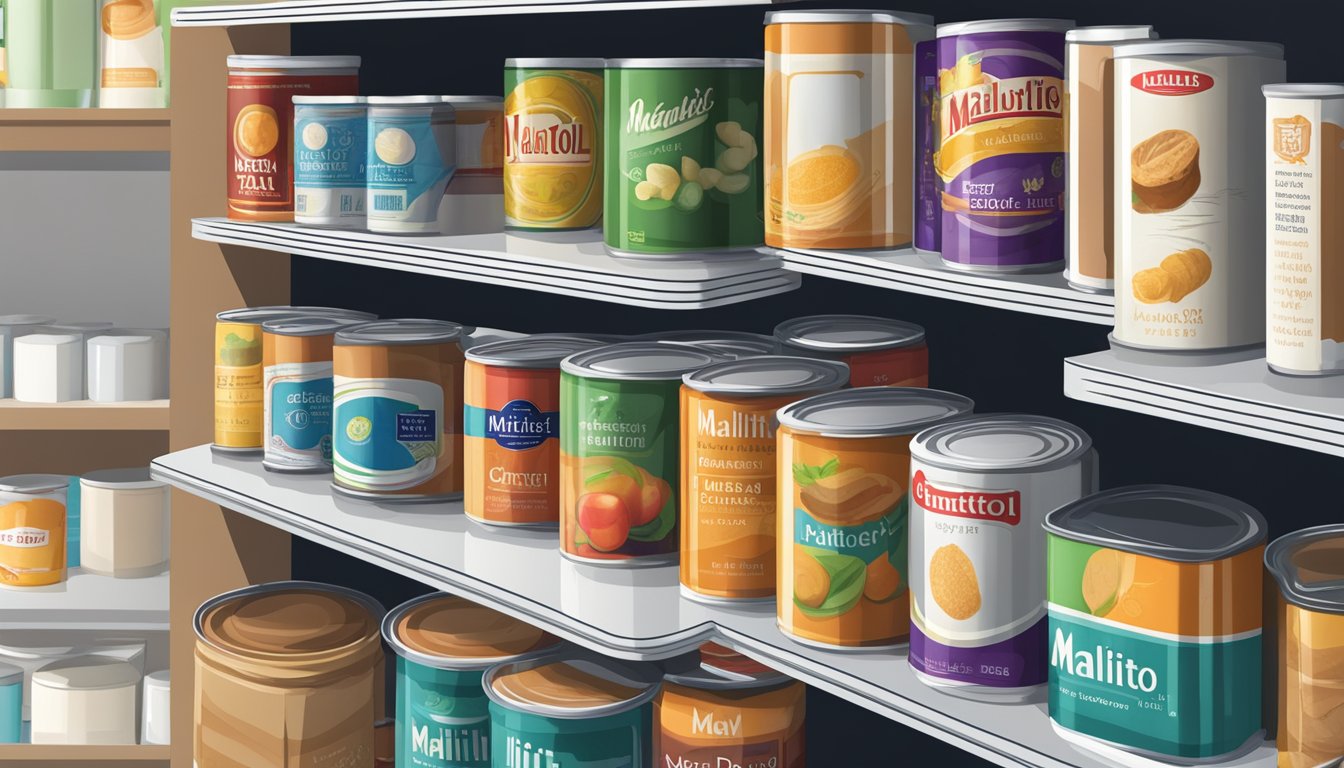 A pantry shelf with various canned goods, including a can of maltitol sweetener, with expiration date visible