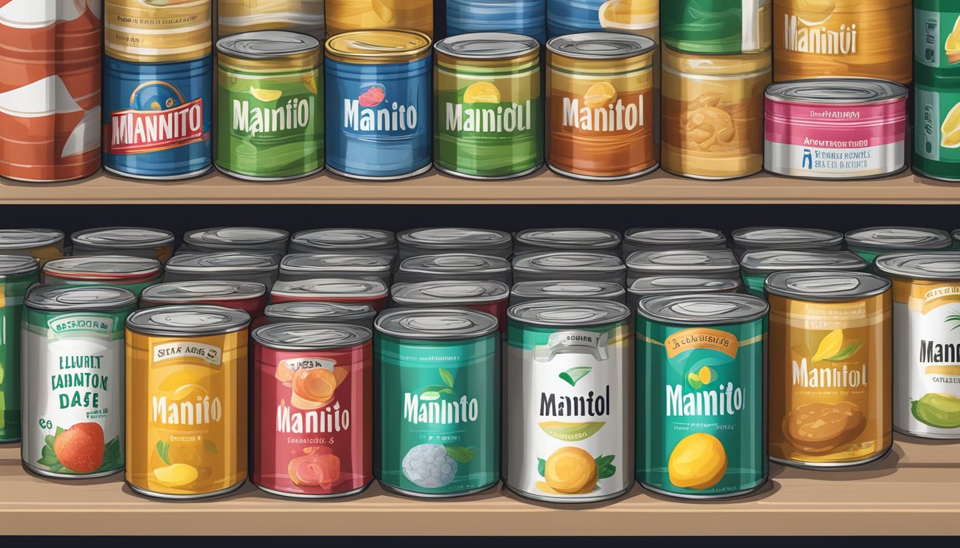 A shelf with various canned goods, including a can of mannitol, with expiration dates clearly visible