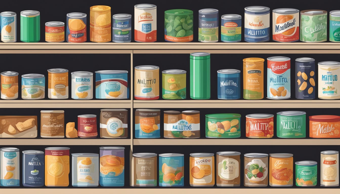 A pantry shelf with various canned goods, including a can of maltitol, with a "best by" date clearly visible