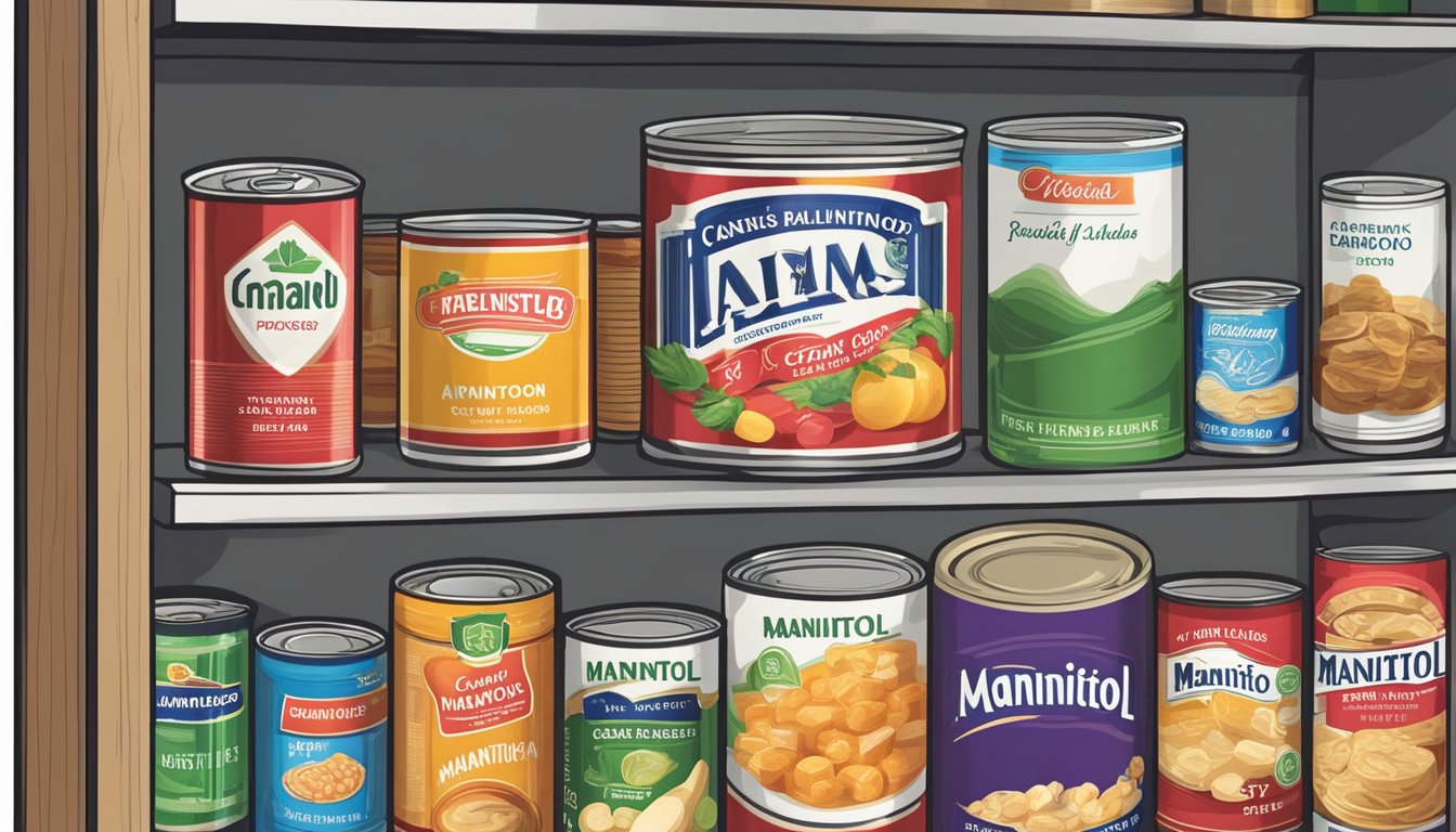 A pantry shelf with various canned food items, including a can of mannitol, with expiration dates visible