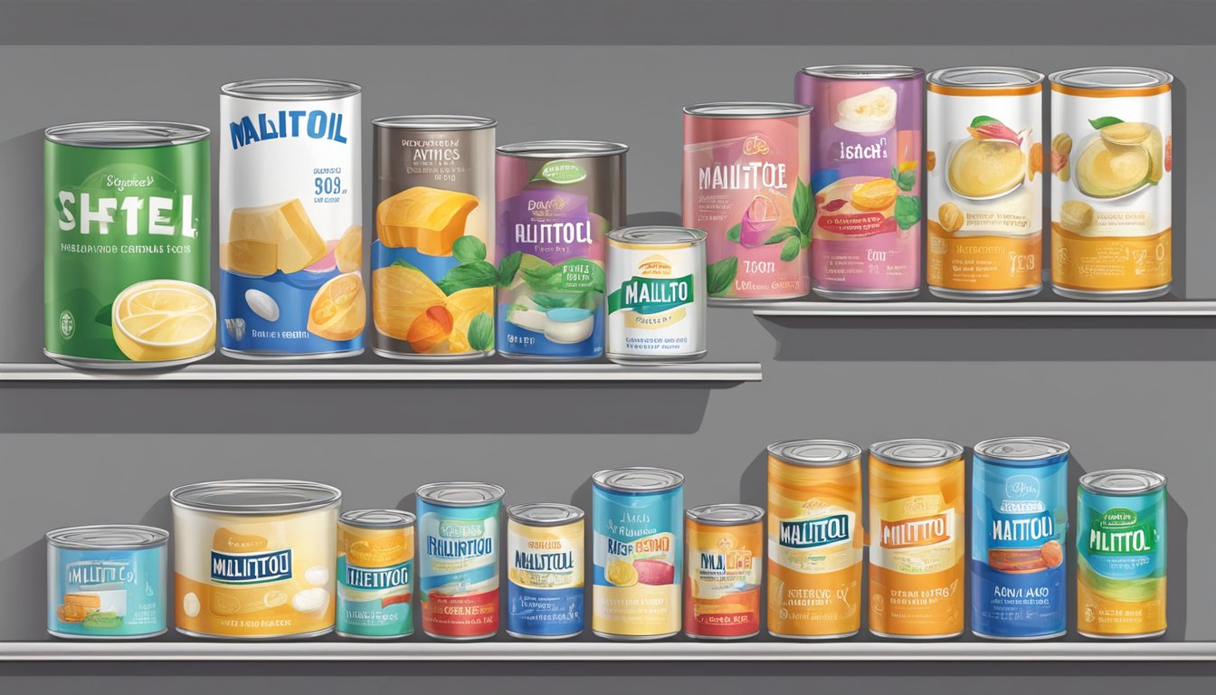 A shelf with various canned maltitol products, some opened, some unopened, and expiration dates clearly displayed on the labels