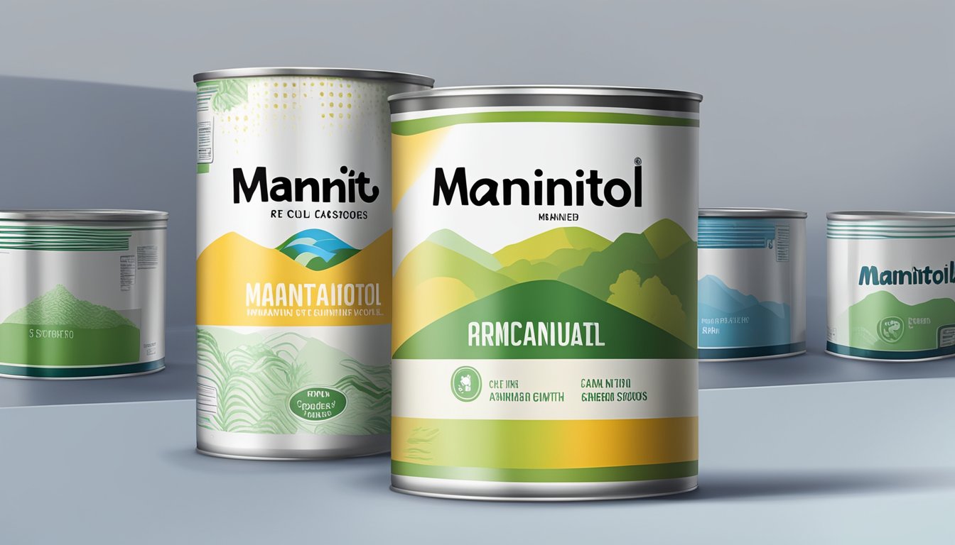 An open can of mannitol with visible signs of contamination, such as discoloration or mold growth, sitting on a shelf next to other canned goods