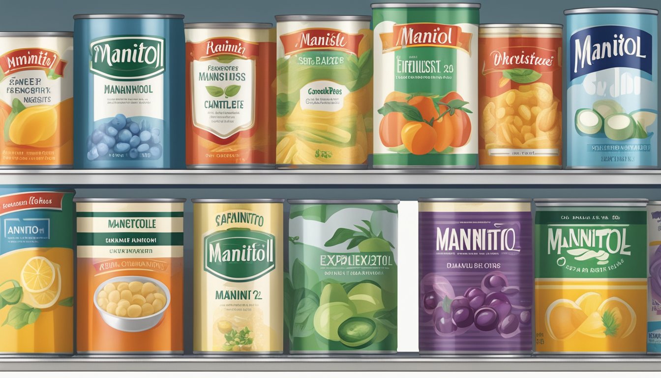 A variety of canned goods, including mannitol, arranged on a shelf with expiration dates clearly visible