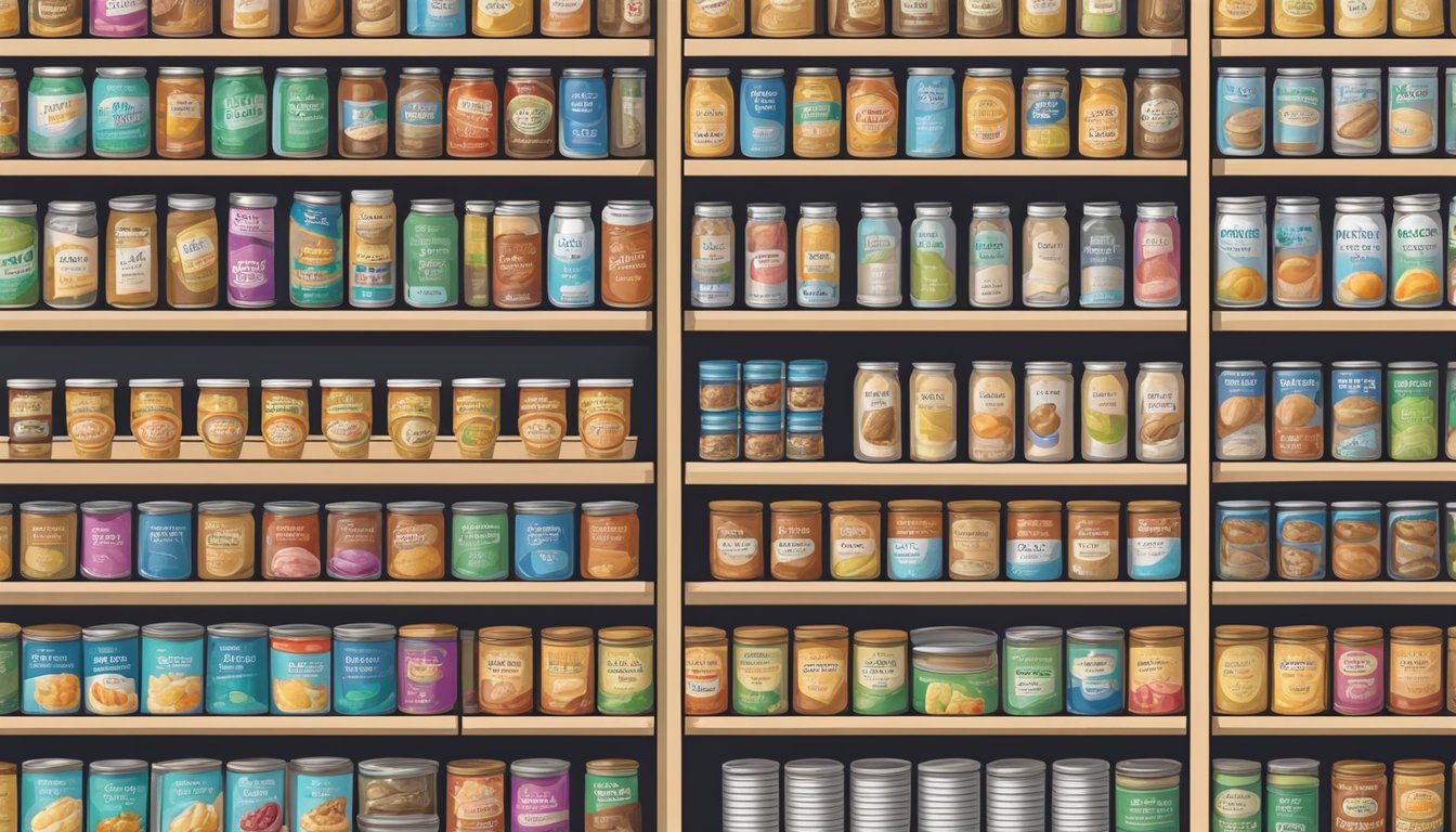 A pantry stocked with neatly organized rows of canned food, including maltitol sweetener, all labeled with expiration dates