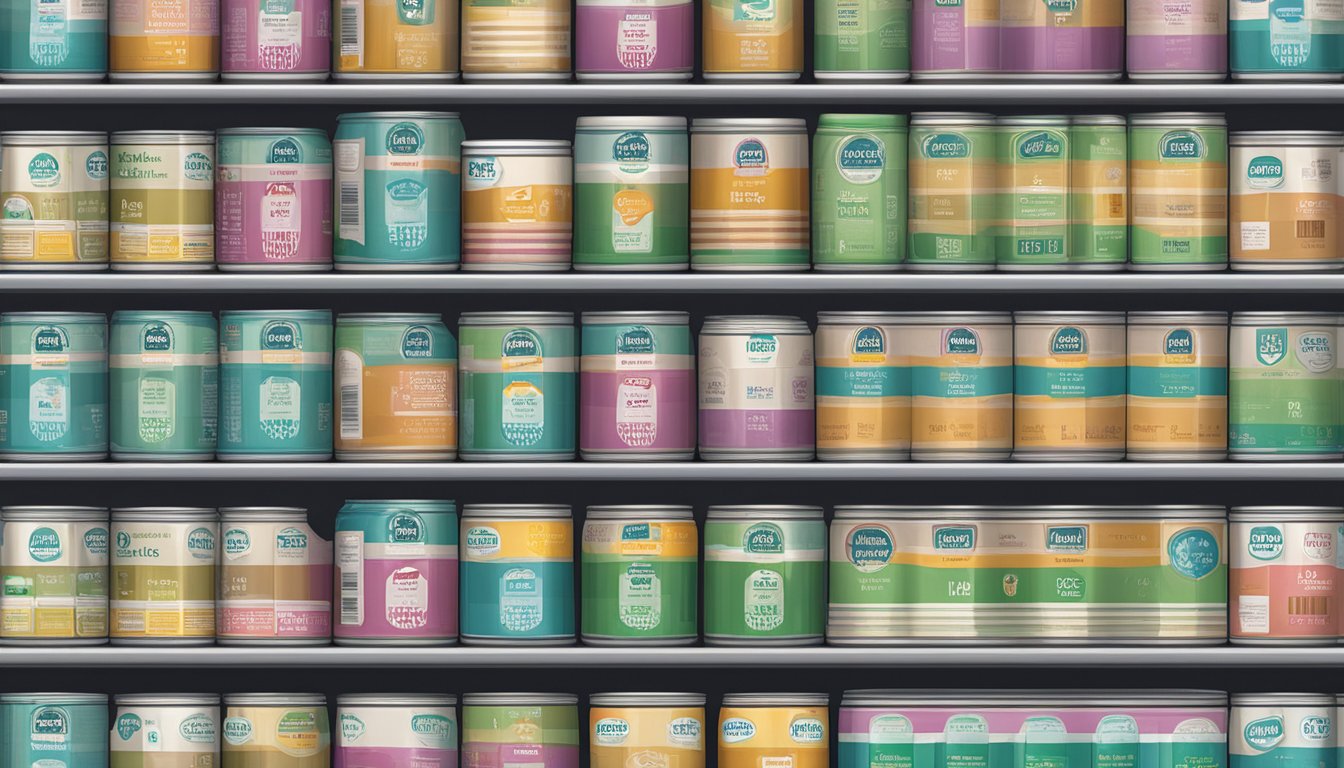 A shelf with rows of canned mannitol, expiration dates visible