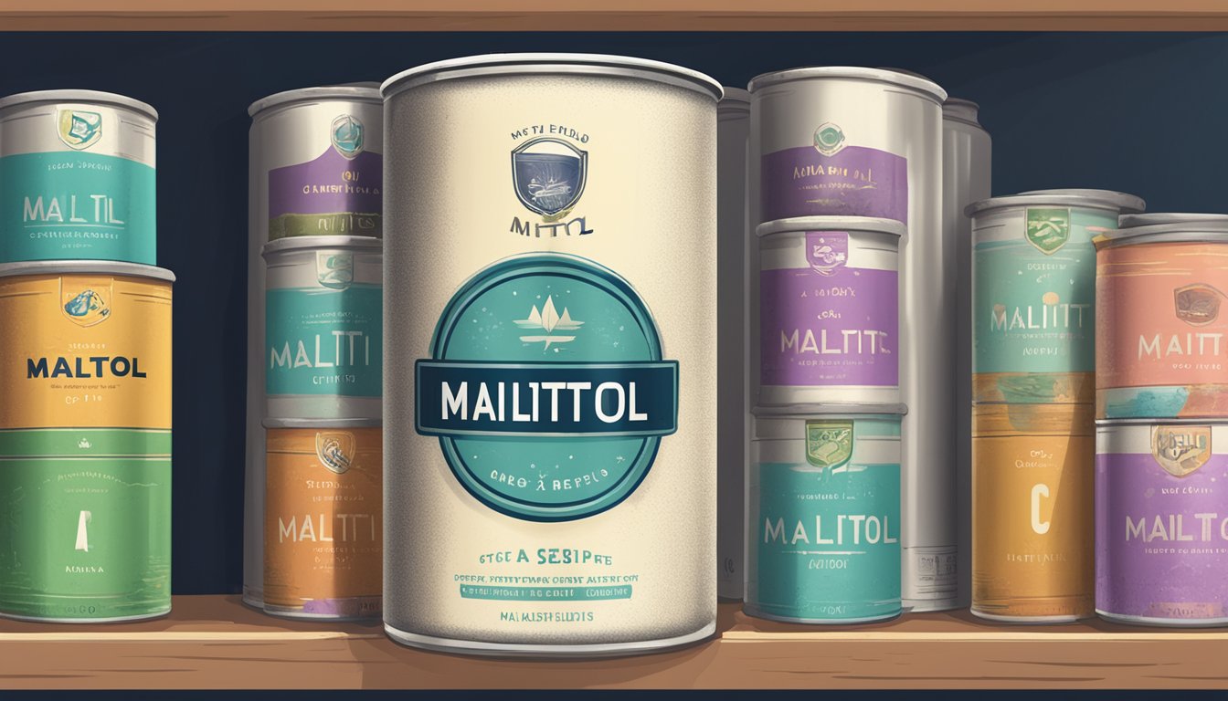 An old, dusty can of maltitol sits on a shelf, surrounded by other expired products