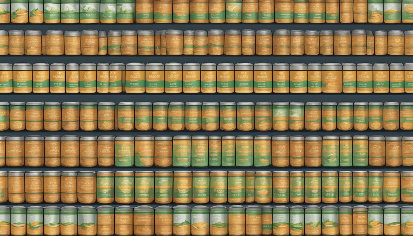 A shelf with rows of canned mango paste, expiration dates clearly displayed