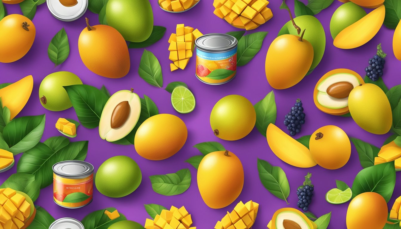 A can of mango paste surrounded by fresh mangoes and a variety of colorful fruits, with a bright and inviting backdrop