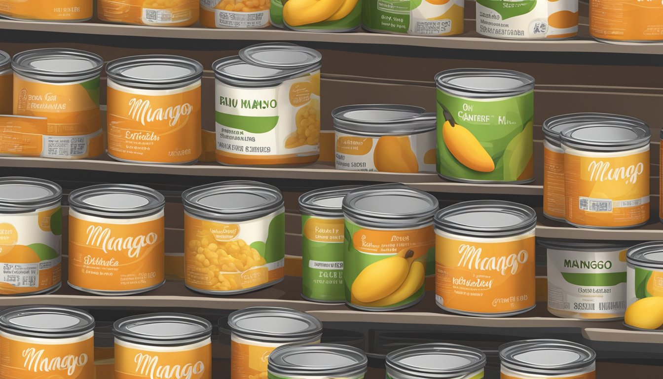 A pantry shelf with rows of neatly stacked canned mango paste, expiration dates clearly visible