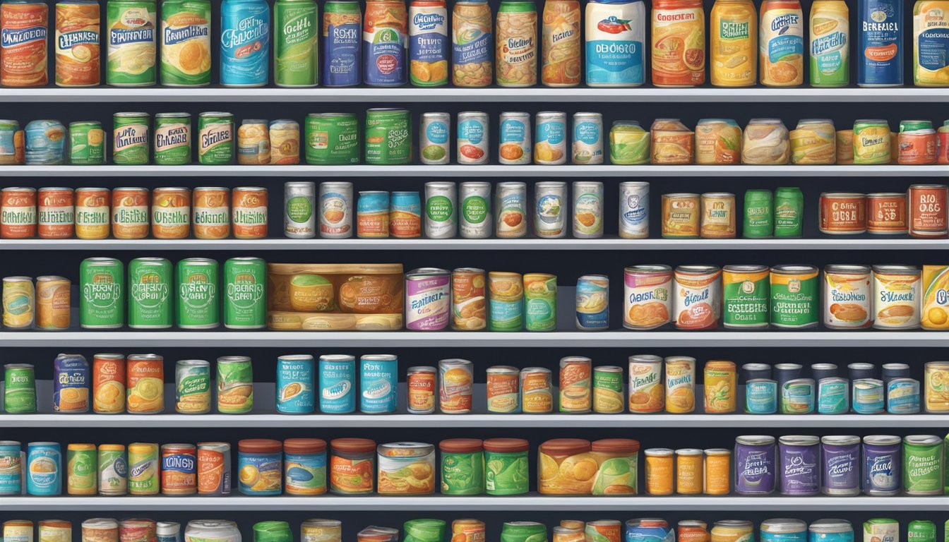 A pantry shelf with a row of canned oligofructose, some with expiration dates visible