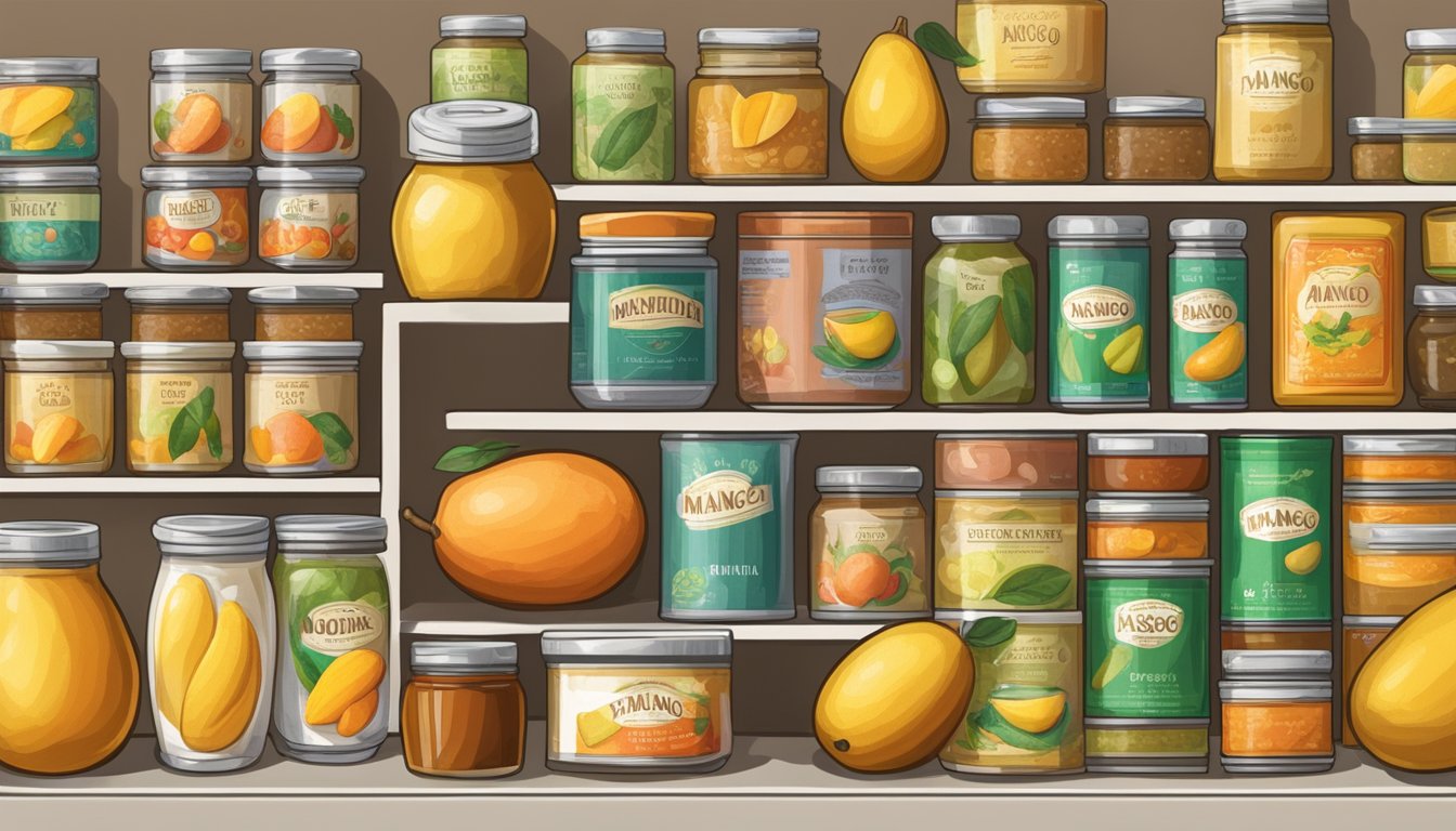 A glass jar of mango paste on a shelf, surrounded by other canned goods