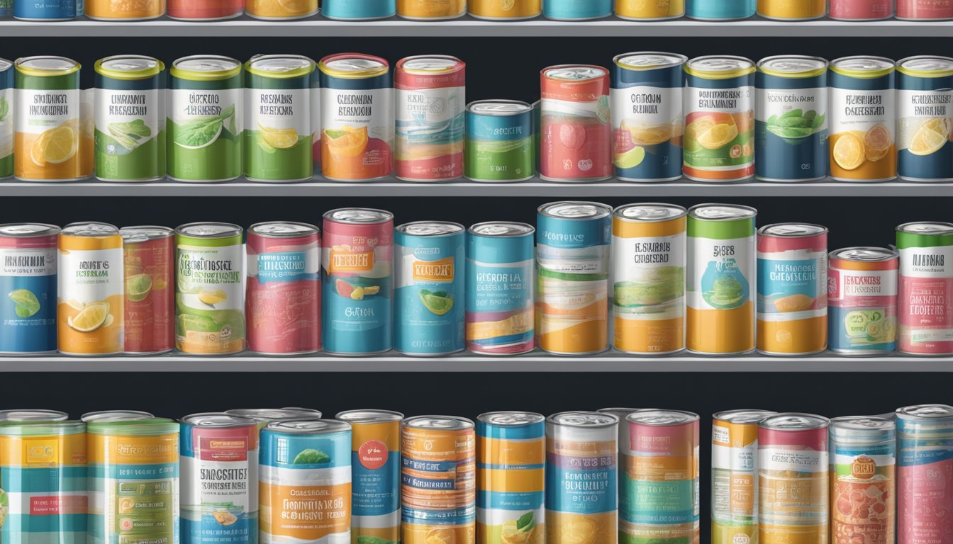 A shelf with rows of canned oligofructose, expiration dates visible, surrounded by safety seals and labels