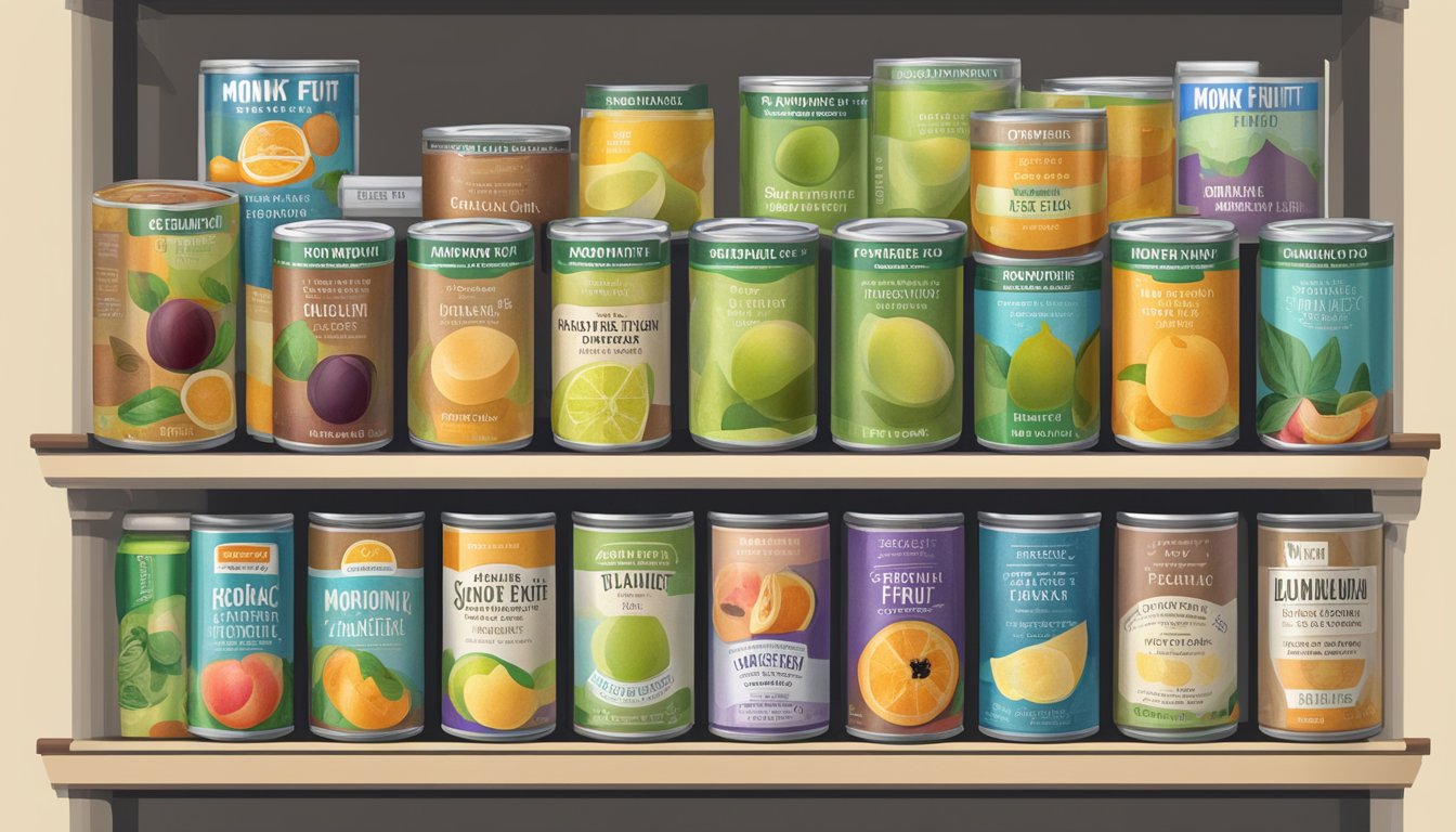 A pantry shelf with a row of canned monk fruit extract, some unopened and others partially used, with expiration dates clearly labeled