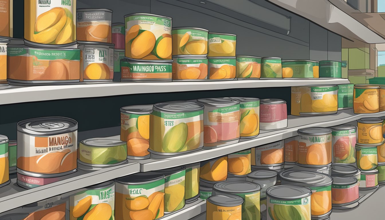 A sealed can of mango paste sits on a shelf, surrounded by other canned goods. The label shows the expiration date, indicating the length of its shelf life