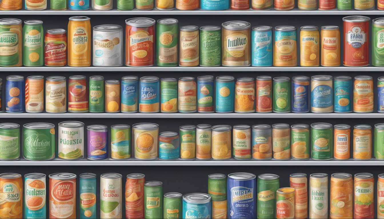 A pantry shelf with rows of canned oligofructose, some with expiration dates, others covered in dust