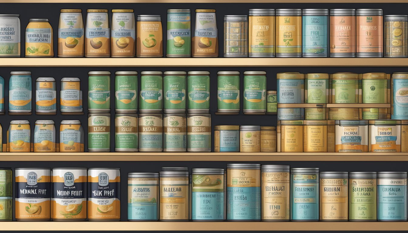 A pantry shelf with a row of neatly organized canned monk fruit extract, some with labels indicating expiration dates